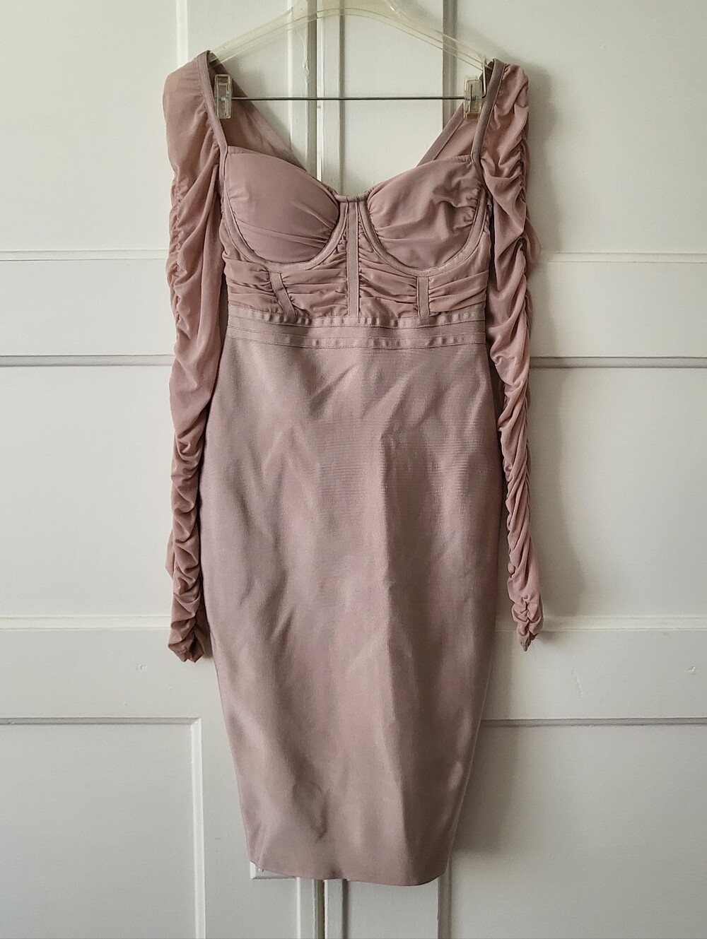Bebe Bandage Bodycon Dress Mesh Ruched Sleeves Sienna Rose Size Small